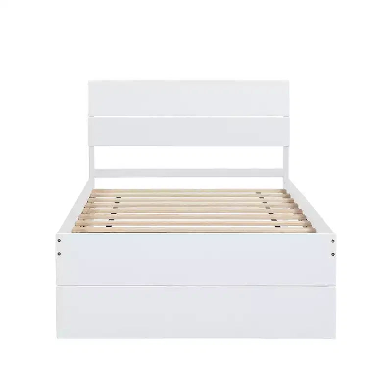 Modern Twin Bed Frame With Twin Trundle, Solid Wood Platform Bed With Headboard, No Box Spring Needed, Wooden Slats Supports, White