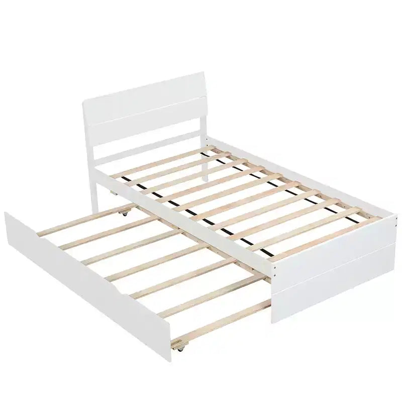 Modern Twin Bed Frame With Twin Trundle, Solid Wood Platform Bed With Headboard, No Box Spring Needed, Wooden Slats Supports, White