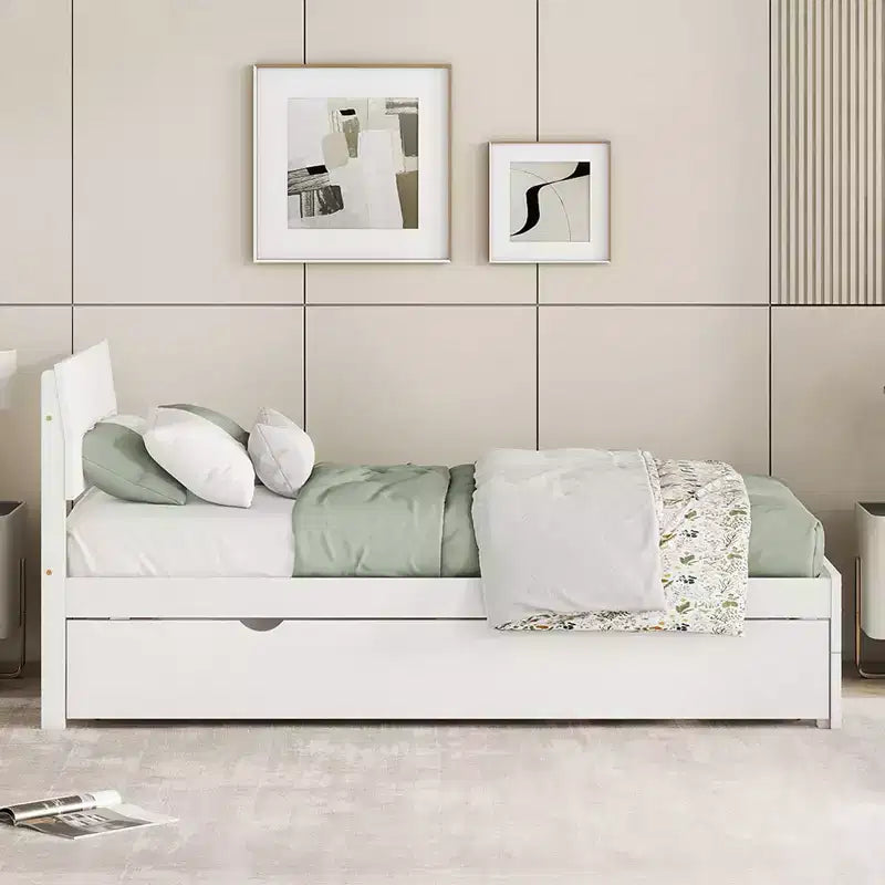 Modern Twin Bed Frame With Twin Trundle, Solid Wood Platform Bed With Headboard, No Box Spring Needed, Wooden Slats Supports, White