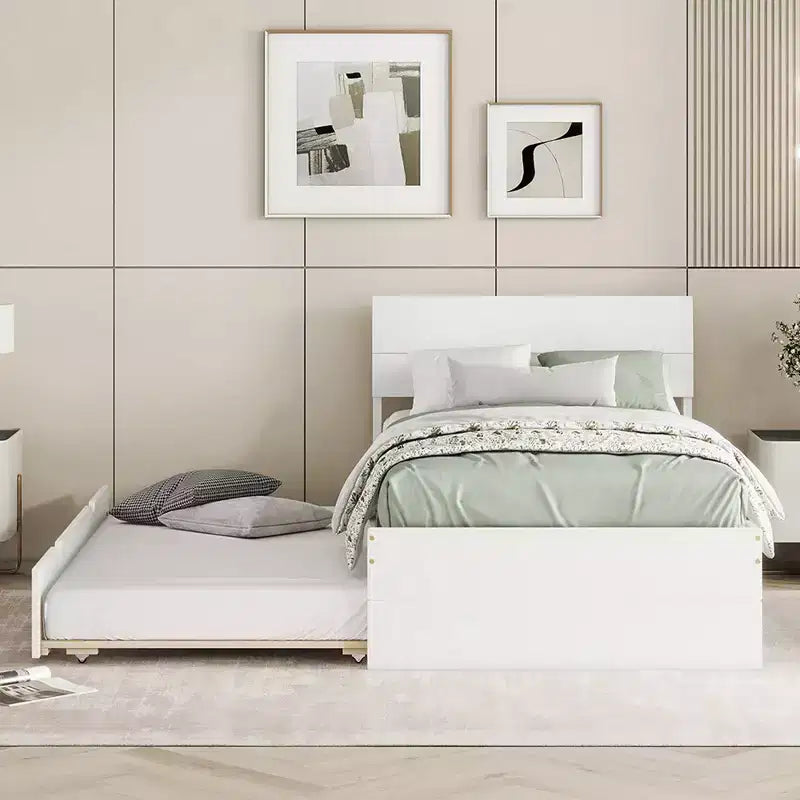 Modern Twin Bed Frame With Twin Trundle, Solid Wood Platform Bed With Headboard, No Box Spring Needed, Wooden Slats Supports, White