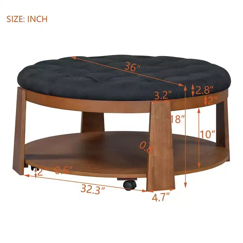 TUYOHW 2-Tier Ottoman Coffee Table for Living Room,36 Linen Accent Cocktail Table,Oversized Button Tufted Ottoman with Rubberwood Base