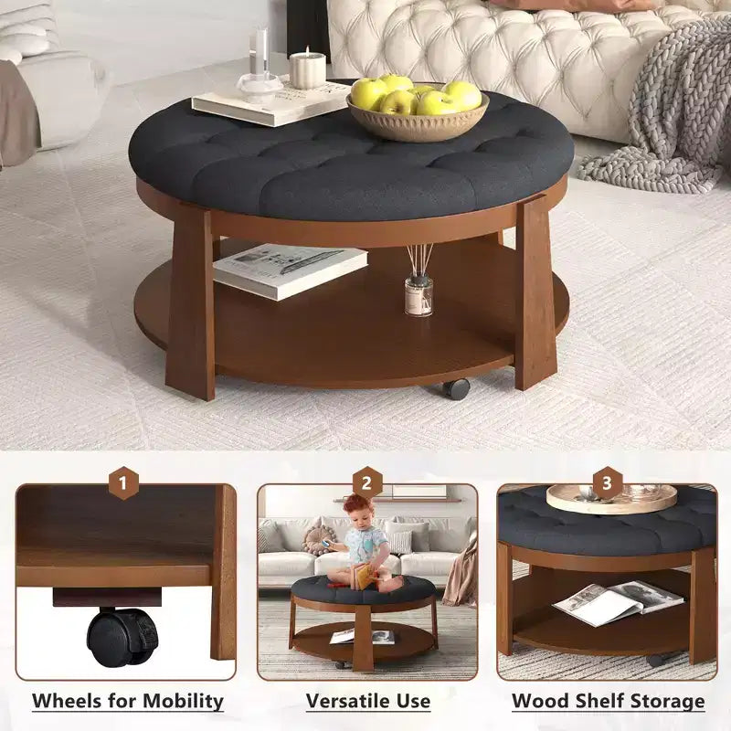 TUYOHW 2-Tier Ottoman Coffee Table for Living Room,36 Linen Accent Cocktail Table,Oversized Button Tufted Ottoman with Rubberwood Base
