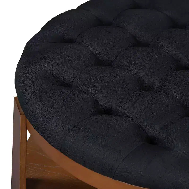 TUYOHW 2-Tier Ottoman Coffee Table for Living Room,36 Linen Accent Cocktail Table,Oversized Button Tufted Ottoman with Rubberwood Base