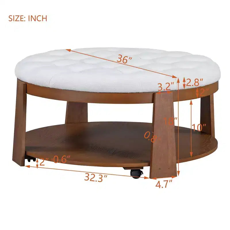 TUYOHW 2-Tier Ottoman Coffee Table for Living Room,36 Linen Accent Cocktail Table,Oversized Button Tufted Ottoman with Rubberwood Base
