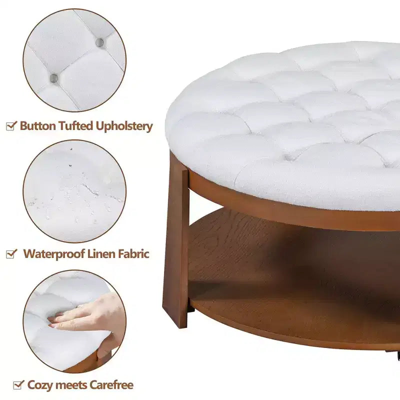 TUYOHW 2-Tier Ottoman Coffee Table for Living Room,36 Linen Accent Cocktail Table,Oversized Button Tufted Ottoman with Rubberwood Base