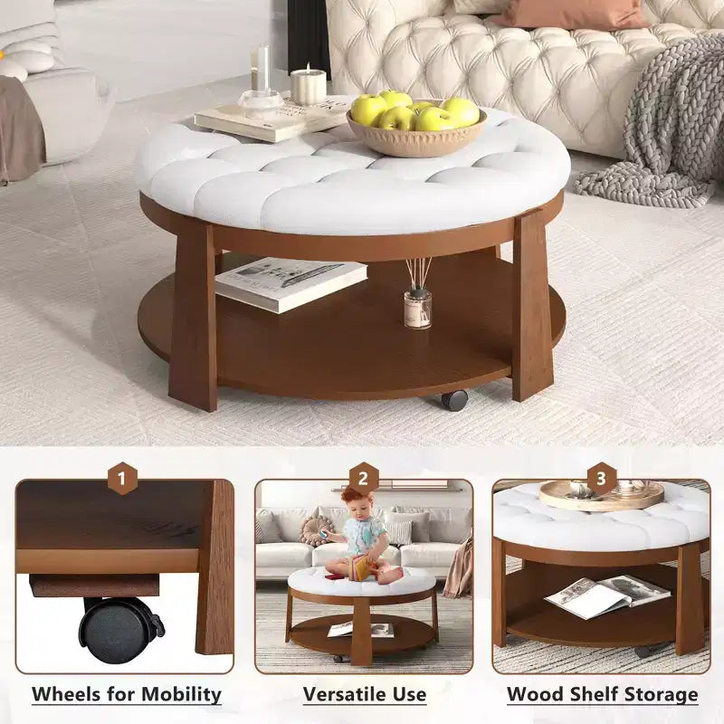 TUYOHW 2-Tier Ottoman Coffee Table for Living Room,36 Linen Accent Cocktail Table,Oversized Button Tufted Ottoman with Rubberwood Base