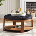 TUYOHW 2-Tier Ottoman Coffee Table for Living Room,36 Linen Accent Cocktail Table,Oversized Button Tufted Ottoman with Rubberwood Base