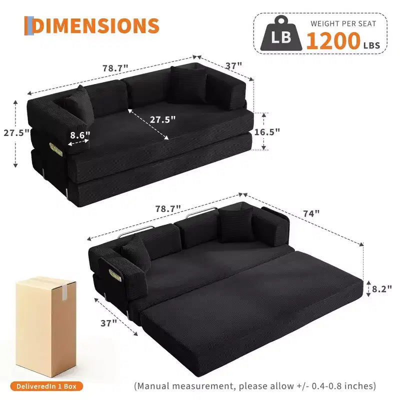 78.7 Oversized Chaise Lounge Chair Indoor, Oversized Corduroy Upholstered Boneless Sofa Bed w/2 Pillows, for Living Room, Bedroom