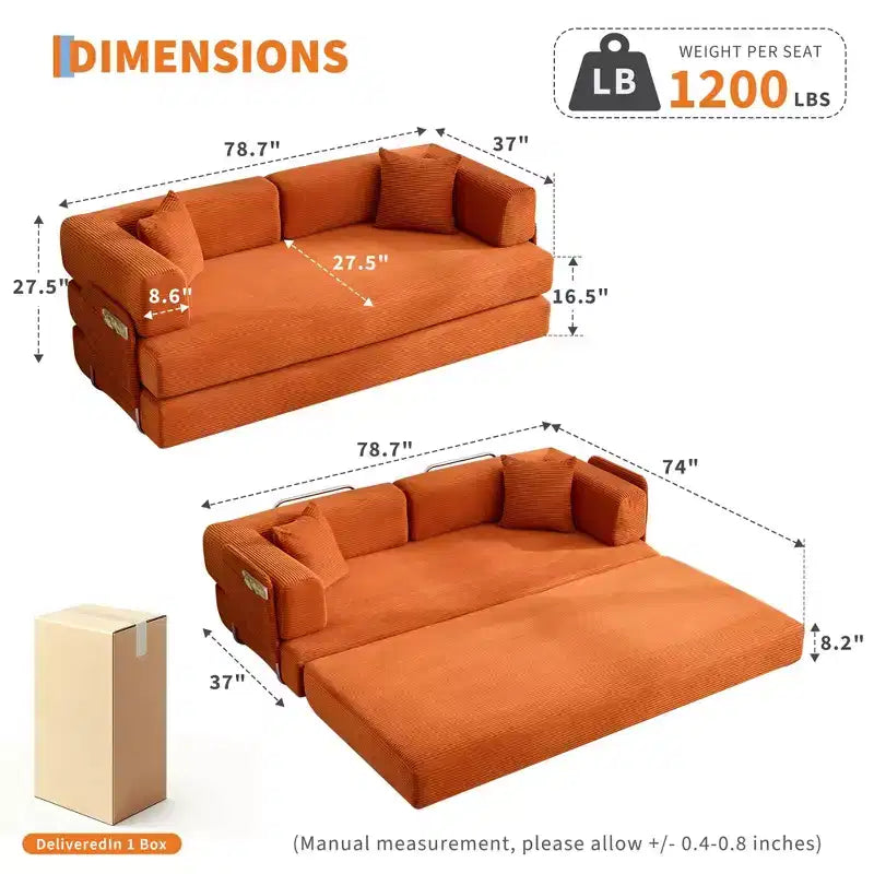 78.7 Oversized Chaise Lounge Chair Indoor, Oversized Corduroy Upholstered Boneless Sofa Bed w/2 Pillows, for Living Room, Bedroom