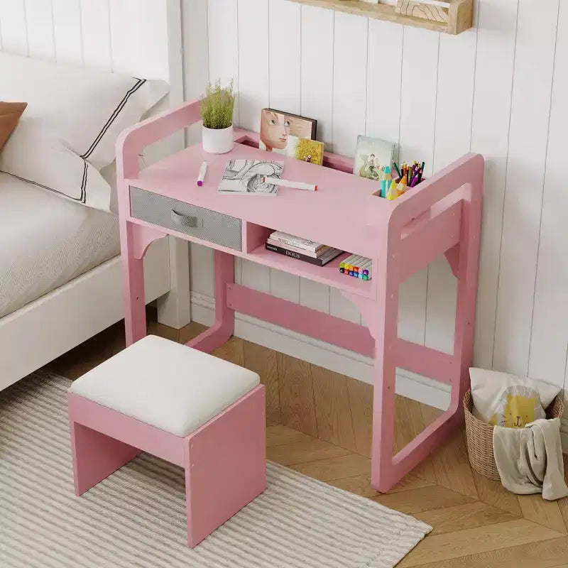 Kids Desk and Chair Set - Wooden Student Study Table with Fabric Drawer, Pen Holders & Padded Stool for Bedroom, Playroom & Living Room