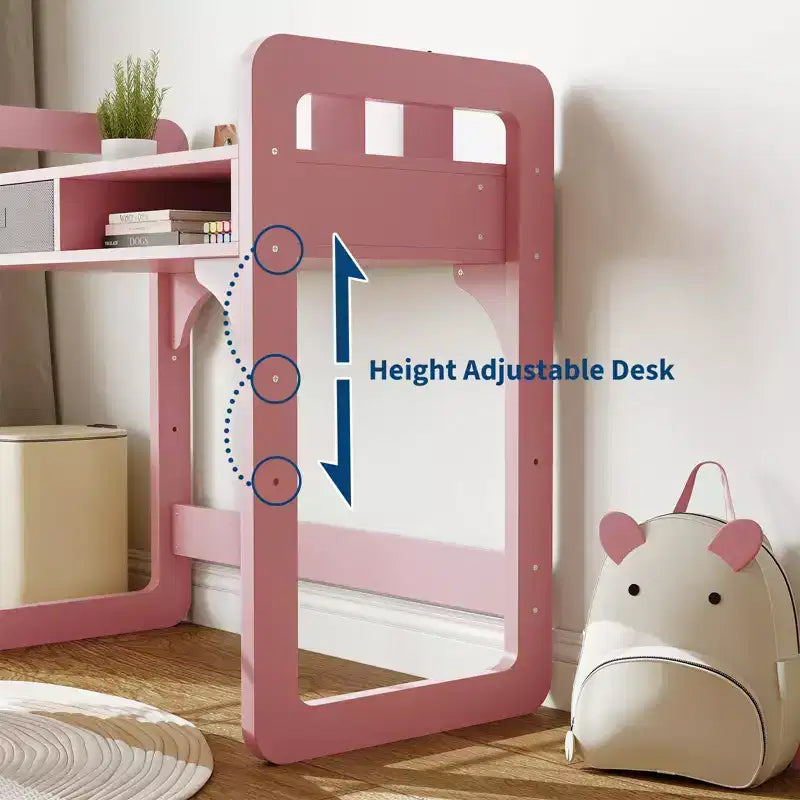 Kids Desk and Chair Set - Wooden Student Study Table with Fabric Drawer, Pen Holders & Padded Stool for Bedroom, Playroom & Living Room
