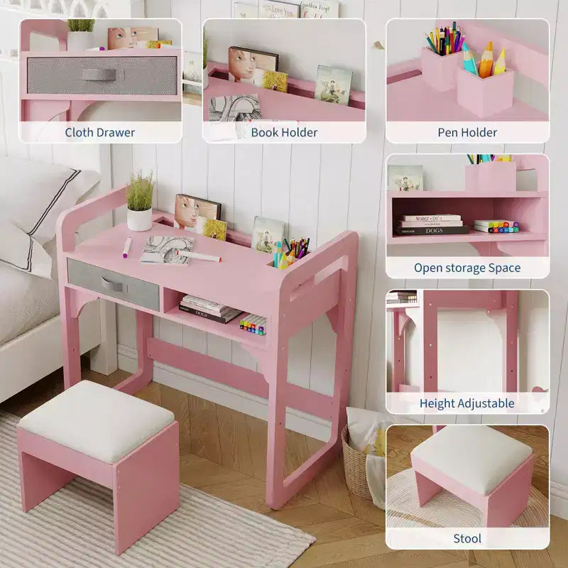 Kids Desk and Chair Set - Wooden Student Study Table with Fabric Drawer, Pen Holders & Padded Stool for Bedroom, Playroom & Living Room