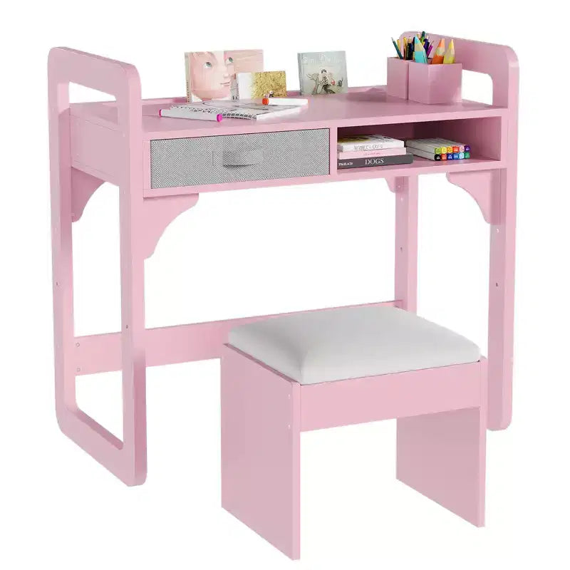 Kids Desk and Chair Set - Wooden Student Study Table with Fabric Drawer, Pen Holders & Padded Stool for Bedroom, Playroom & Living Room