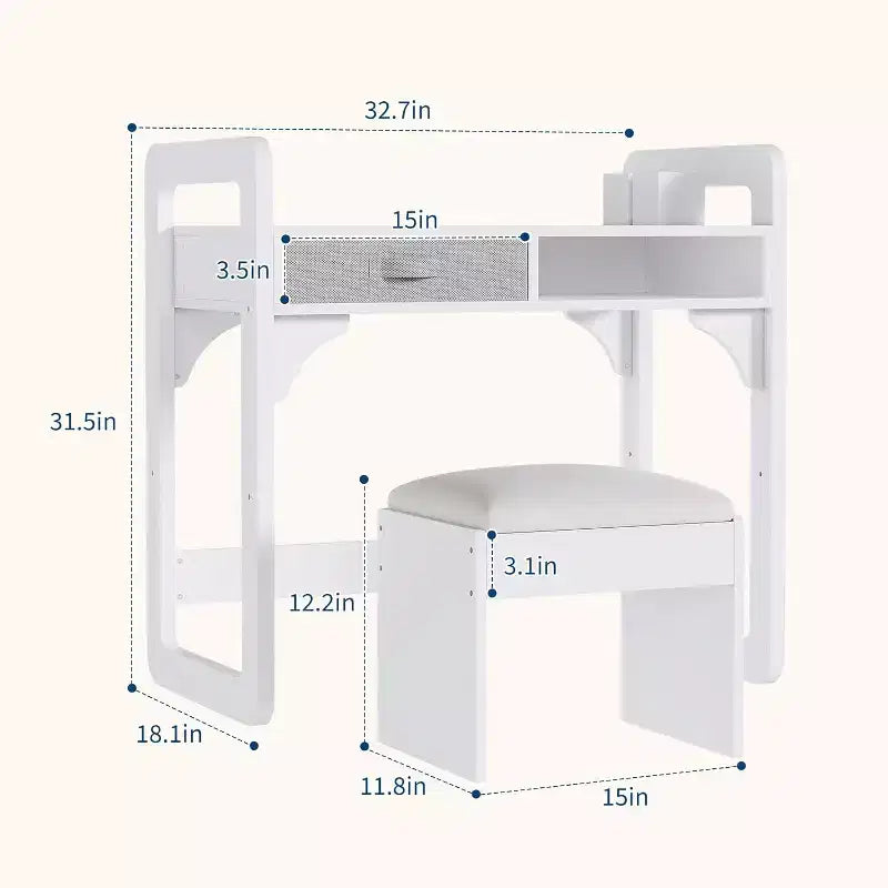 Kids Desk and Chair Set - Wooden Student Study Table with Fabric Drawer, Pen Holders & Padded Stool for Bedroom, Playroom & Living Room