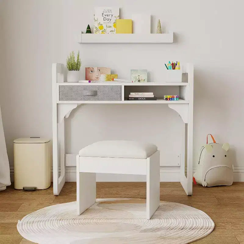 Kids Desk and Chair Set - Wooden Student Study Table with Fabric Drawer, Pen Holders & Padded Stool for Bedroom, Playroom & Living Room