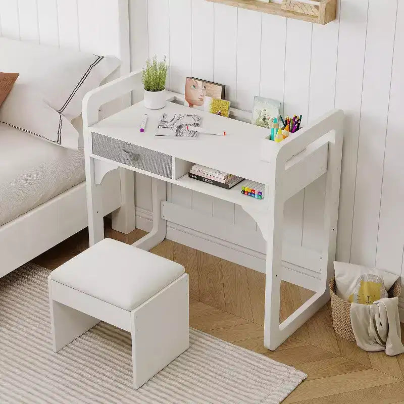 Kids Desk and Chair Set - Wooden Student Study Table with Fabric Drawer, Pen Holders & Padded Stool for Bedroom, Playroom & Living Room