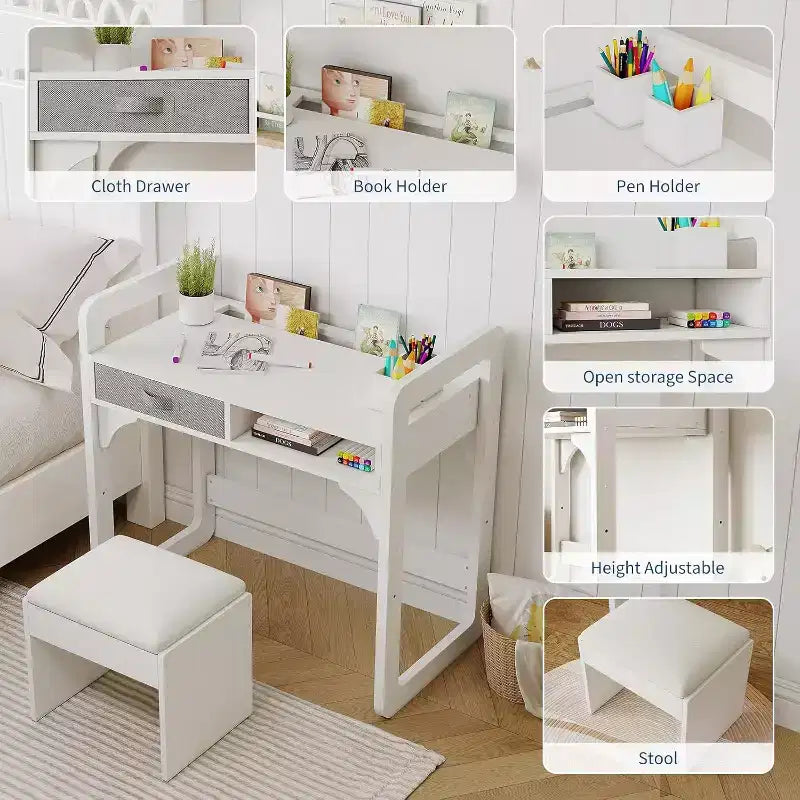 Kids Desk and Chair Set - Wooden Student Study Table with Fabric Drawer, Pen Holders & Padded Stool for Bedroom, Playroom & Living Room