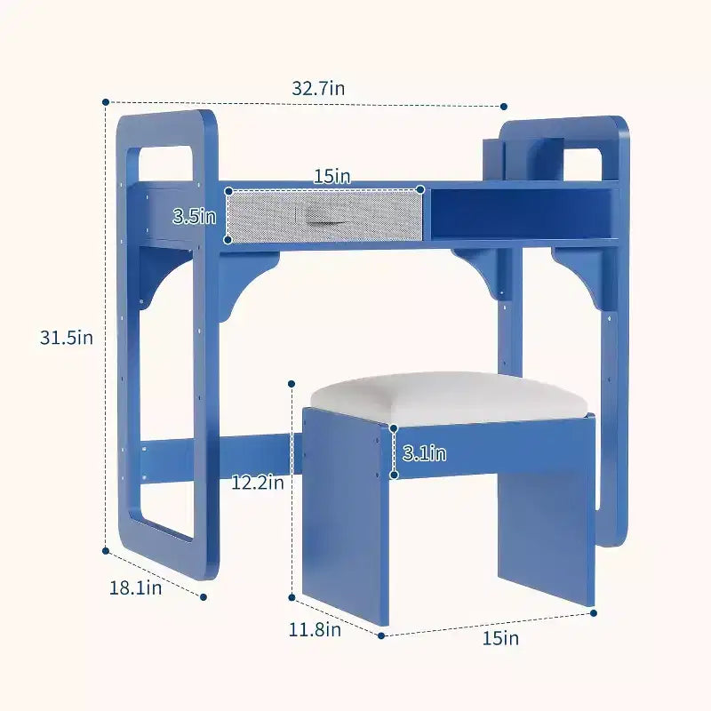 Kids Desk and Chair Set - Wooden Student Study Table with Fabric Drawer, Pen Holders & Padded Stool for Bedroom, Playroom & Living Room