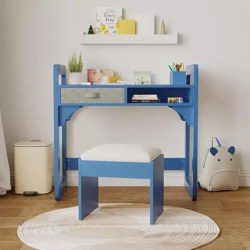 Kids Desk and Chair Set - Wooden Student Study Table with Fabric Drawer, Pen Holders & Padded Stool for Bedroom, Playroom & Living Room