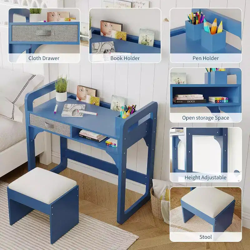 Kids Desk and Chair Set - Wooden Student Study Table with Fabric Drawer, Pen Holders & Padded Stool for Bedroom, Playroom & Living Room