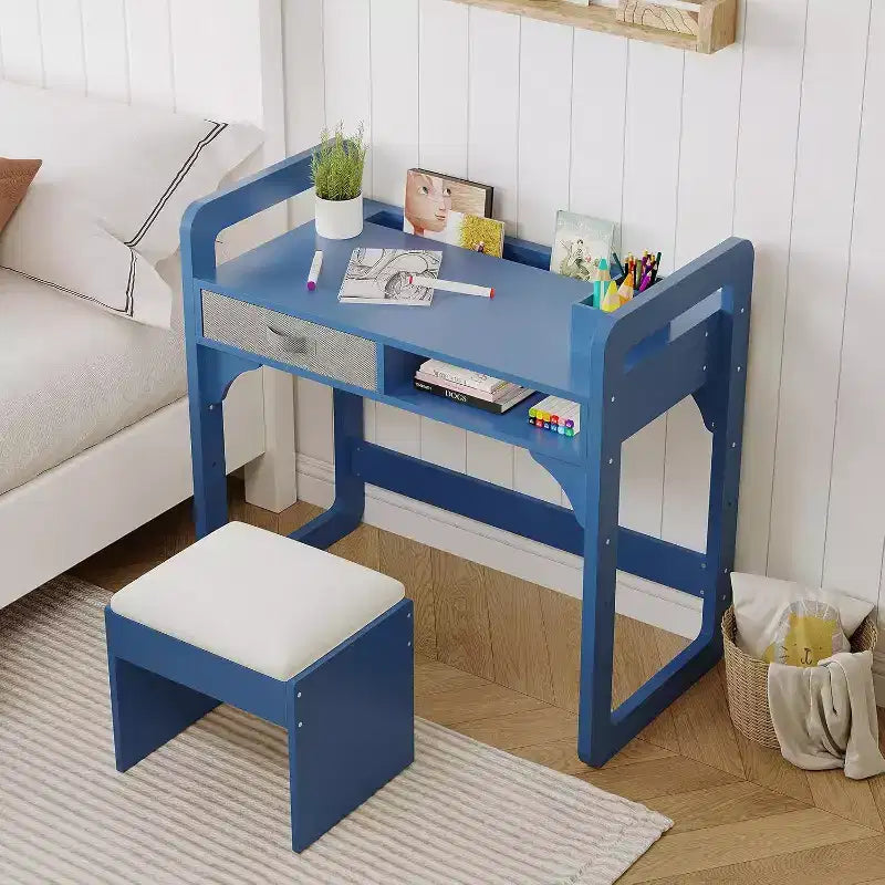 Kids Desk and Chair Set - Wooden Student Study Table with Fabric Drawer, Pen Holders & Padded Stool for Bedroom, Playroom & Living Room
