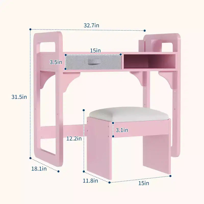 Kids Desk and Chair Set - Wooden Student Study Table with Fabric Drawer, Pen Holders & Padded Stool for Bedroom, Playroom & Living Room