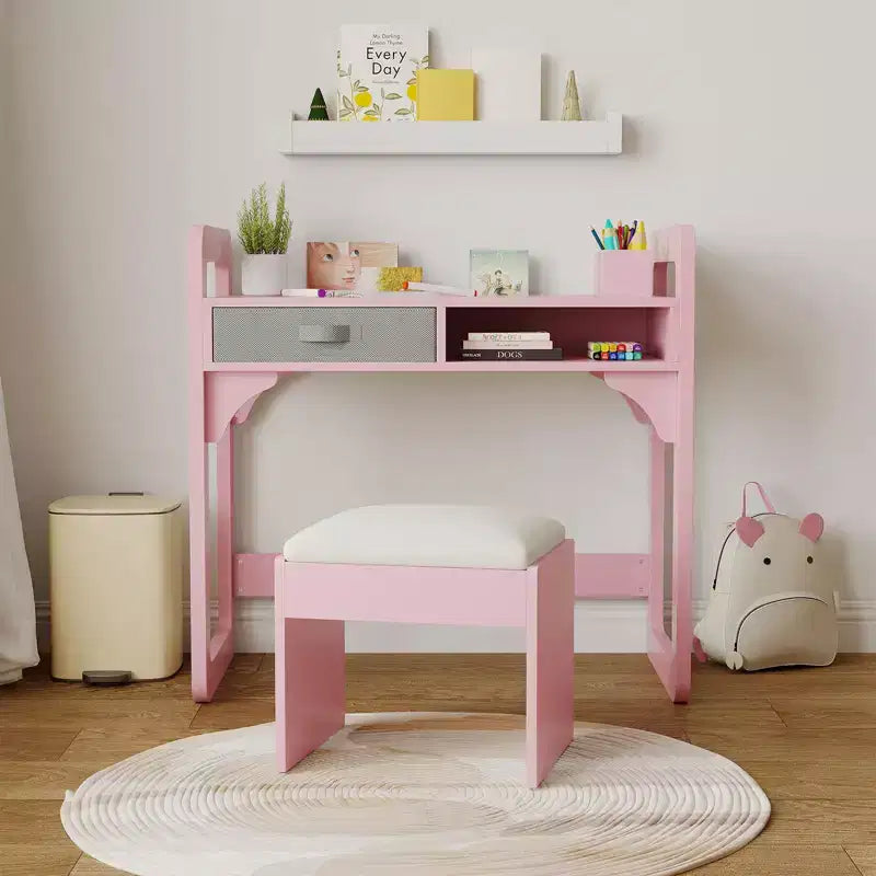 Kids Desk and Chair Set - Wooden Student Study Table with Fabric Drawer, Pen Holders & Padded Stool for Bedroom, Playroom & Living Room
