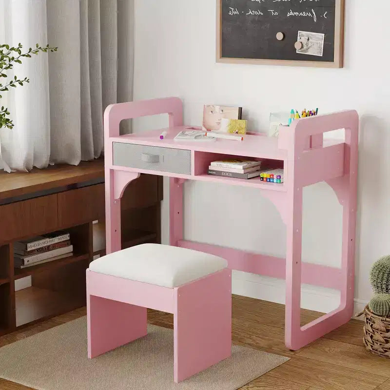 Kids Desk and Chair Set - Wooden Student Study Table with Fabric Drawer, Pen Holders & Padded Stool for Bedroom, Playroom & Living Room
