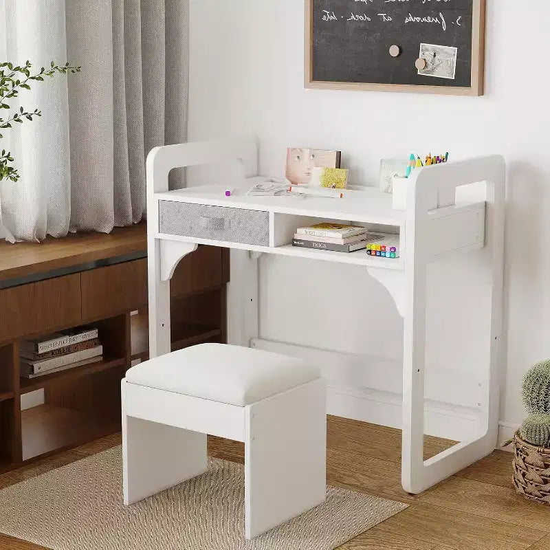 Kids Desk and Chair Set - Wooden Student Study Table with Fabric Drawer, Pen Holders & Padded Stool for Bedroom, Playroom & Living Room