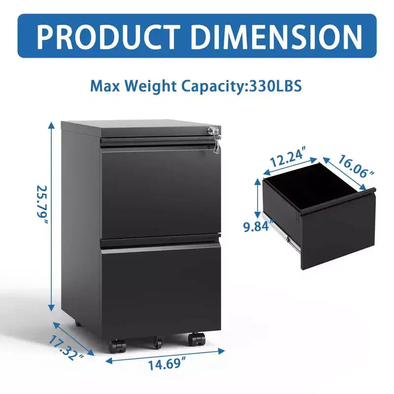2 Drawer Filing Cabinet with Lock, Metal Mobile File Cabinet, Vertical File Cabinet, Modern Storage Cabinet , Pre-Assembled Except Wheels Black