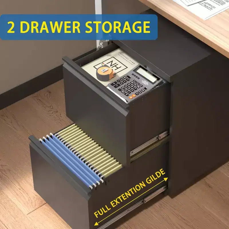 2 Drawer Filing Cabinet with Lock, Metal Mobile File Cabinet, Vertical File Cabinet, Modern Storage Cabinet , Pre-Assembled Except Wheels Black