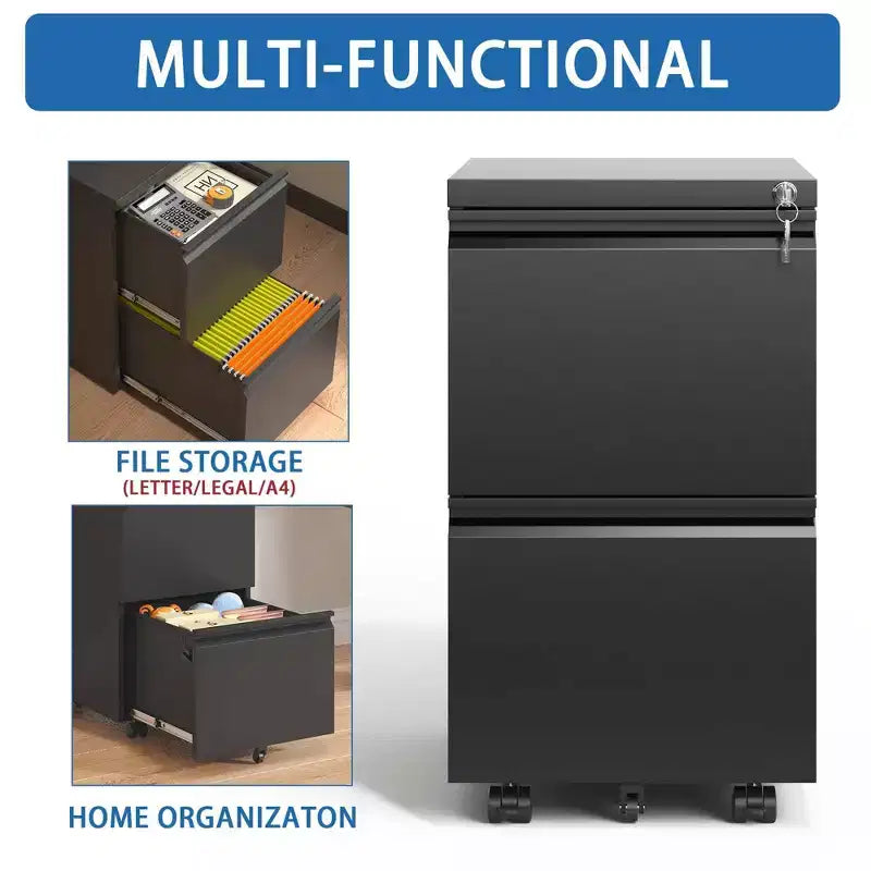 2 Drawer Filing Cabinet with Lock, Metal Mobile File Cabinet, Vertical File Cabinet, Modern Storage Cabinet , Pre-Assembled Except Wheels Black