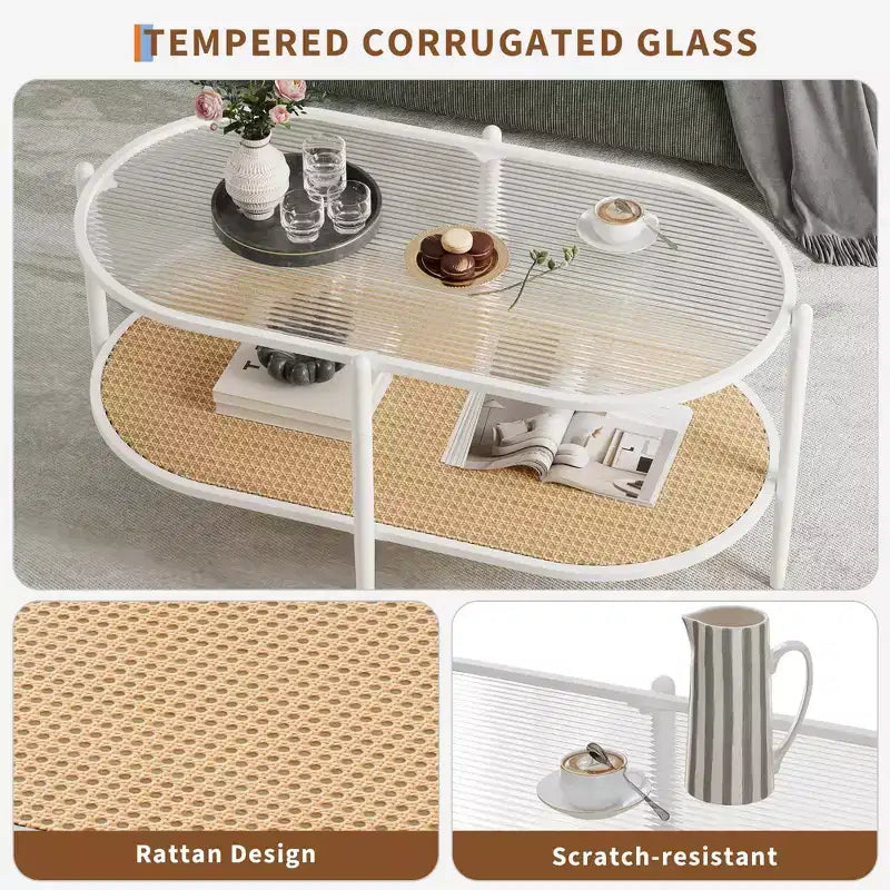 Glass Top, Boho Rattan Coffee Table 2-Tier Oval Center Table with Metal Frame & Storage Shelf, Rustic Farmhouse Living Room Accent Tea Table