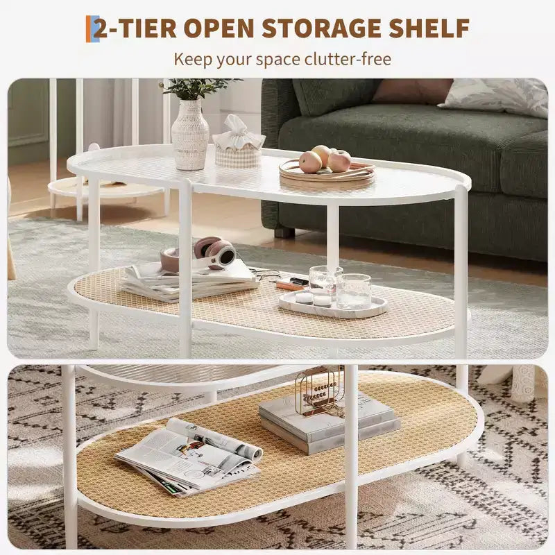 Glass Top, Boho Rattan Coffee Table 2-Tier Oval Center Table with Metal Frame & Storage Shelf, Rustic Farmhouse Living Room Accent Tea Table