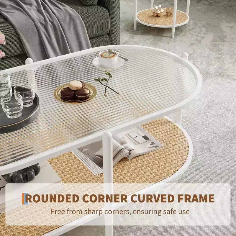 Glass Top, Boho Rattan Coffee Table 2-Tier Oval Center Table with Metal Frame & Storage Shelf, Rustic Farmhouse Living Room Accent Tea Table
