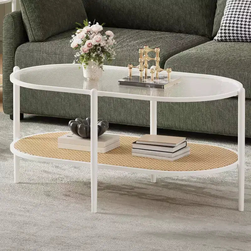 Glass Top, Boho Rattan Coffee Table 2-Tier Oval Center Table with Metal Frame & Storage Shelf, Rustic Farmhouse Living Room Accent Tea Table