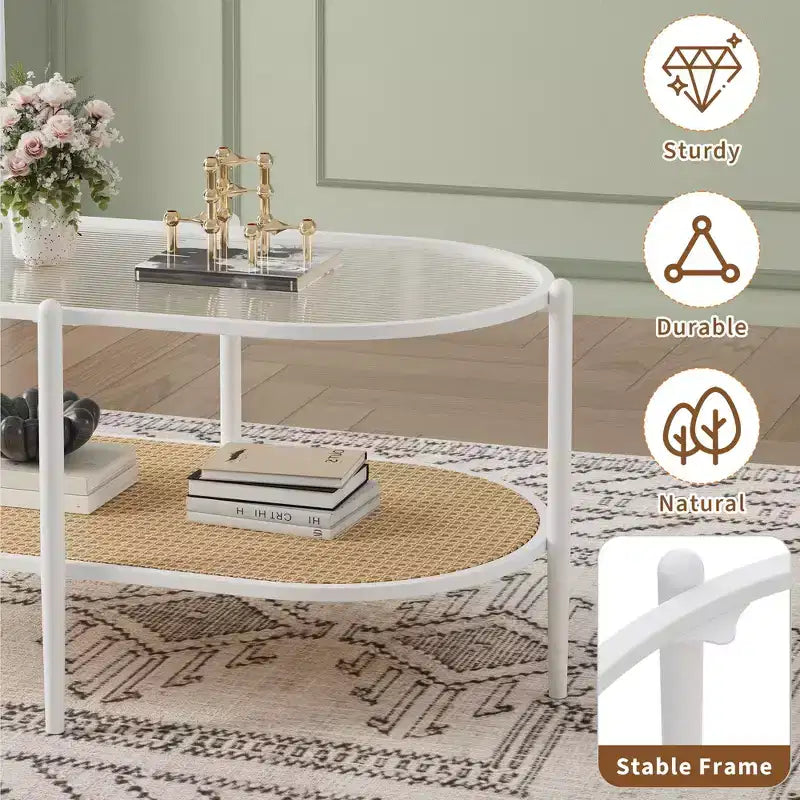 Glass Top, Boho Rattan Coffee Table 2-Tier Oval Center Table with Metal Frame & Storage Shelf, Rustic Farmhouse Living Room Accent Tea Table