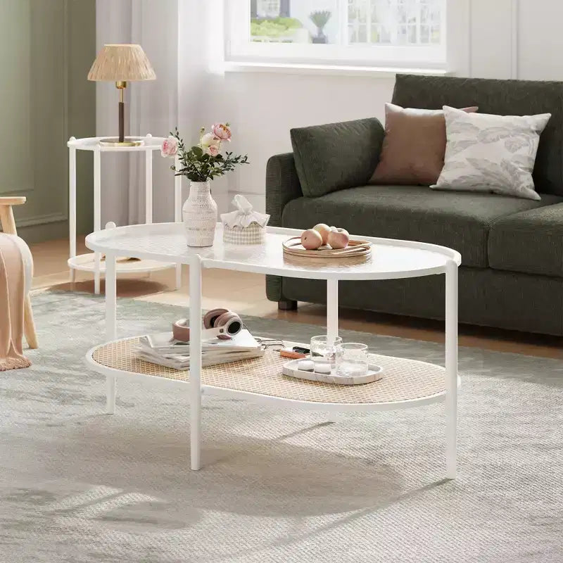 Glass Top, Boho Rattan Coffee Table 2-Tier Oval Center Table with Metal Frame & Storage Shelf, Rustic Farmhouse Living Room Accent Tea Table