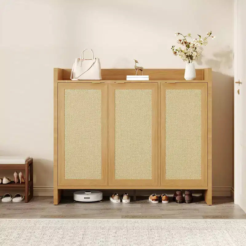 Rattan Shoe Storage Cabinet for Entryway  Ventilated Wood Grain Shoe Cabinet with Adjustable Shelves  Warm Rattan Door Storage for Hallway & Kitchen