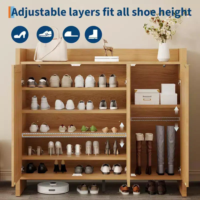 Rattan Shoe Storage Cabinet for Entryway  Ventilated Wood Grain Shoe Cabinet with Adjustable Shelves  Warm Rattan Door Storage for Hallway & Kitchen