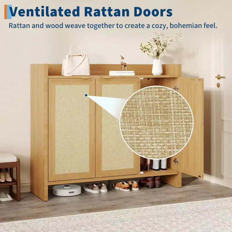 Rattan Shoe Storage Cabinet for Entryway  Ventilated Wood Grain Shoe Cabinet with Adjustable Shelves  Warm Rattan Door Storage for Hallway & Kitchen