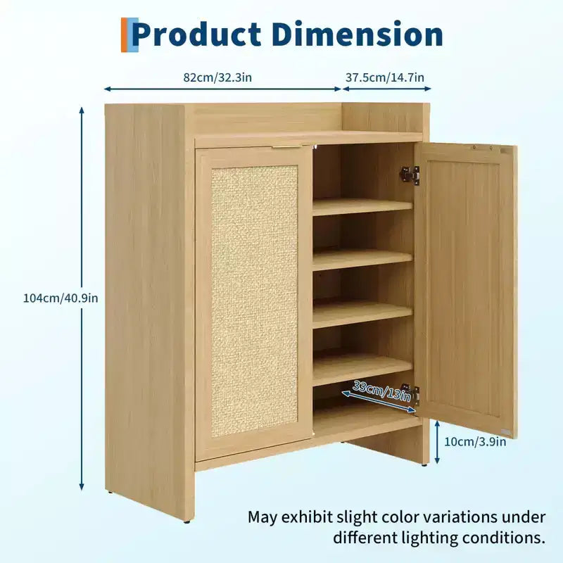 Rattan Shoe Storage Cabinet for Entryway  Ventilated Wood Grain Shoe Cabinet with Adjustable Shelves  Warm Rattan Door Storage for Hallway & Kitchen
