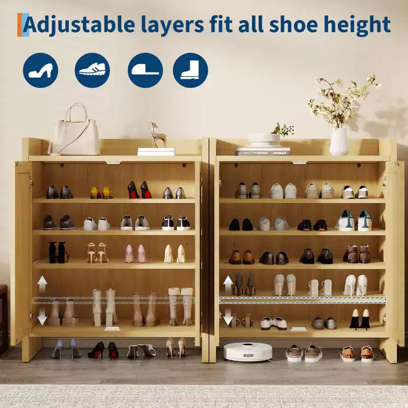 Rattan Shoe Storage Cabinet for Entryway  Ventilated Wood Grain Shoe Cabinet with Adjustable Shelves  Warm Rattan Door Storage for Hallway & Kitchen