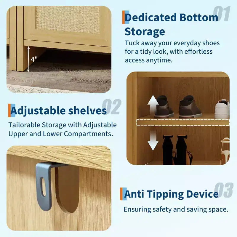 Rattan Shoe Storage Cabinet for Entryway  Ventilated Wood Grain Shoe Cabinet with Adjustable Shelves  Warm Rattan Door Storage for Hallway & Kitchen