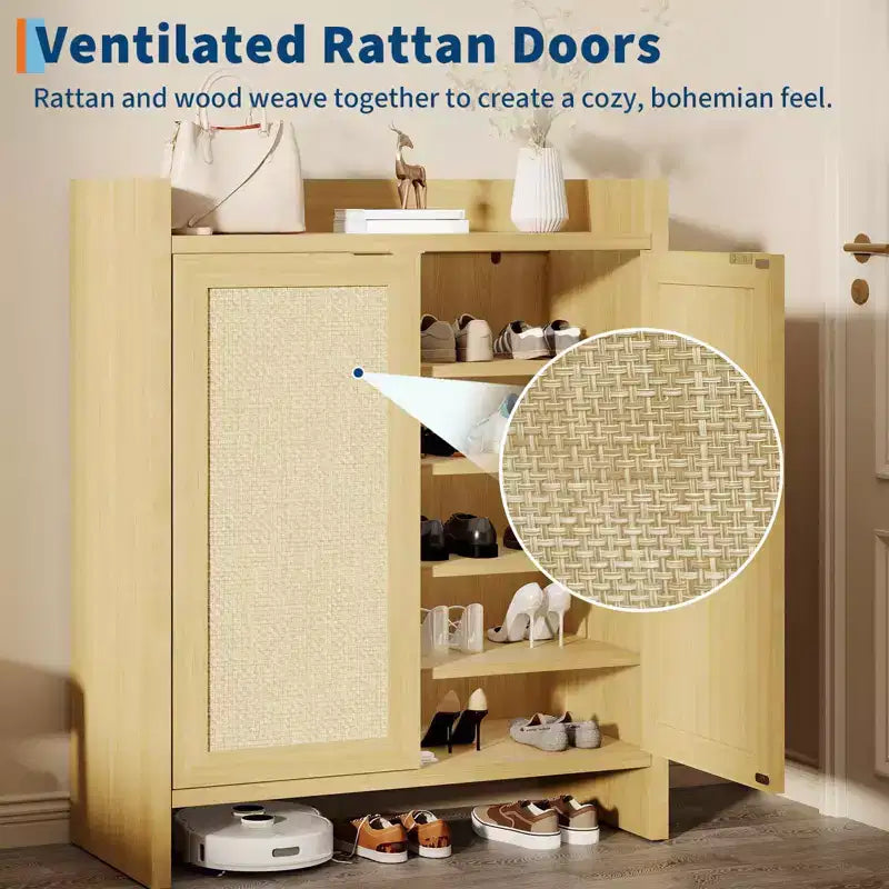 Rattan Shoe Storage Cabinet for Entryway  Ventilated Wood Grain Shoe Cabinet with Adjustable Shelves  Warm Rattan Door Storage for Hallway & Kitchen