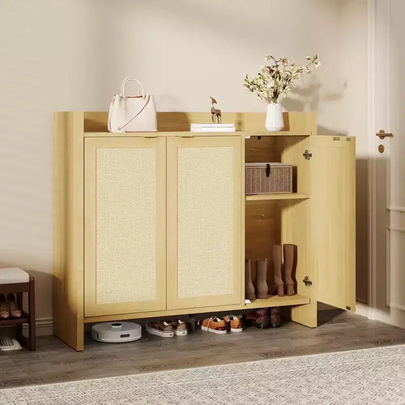 Rattan Shoe Storage Cabinet for Entryway  Ventilated Wood Grain Shoe Cabinet with Adjustable Shelves  Warm Rattan Door Storage for Hallway & Kitchen