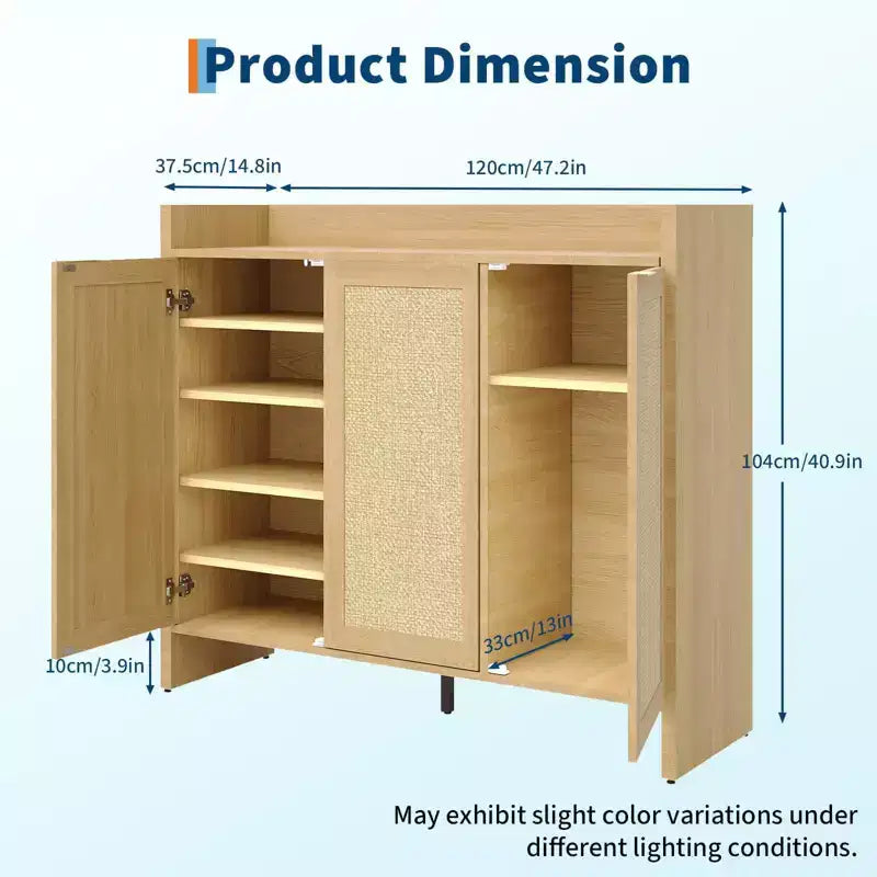 Rattan Shoe Storage Cabinet for Entryway  Ventilated Wood Grain Shoe Cabinet with Adjustable Shelves  Warm Rattan Door Storage for Hallway & Kitchen
