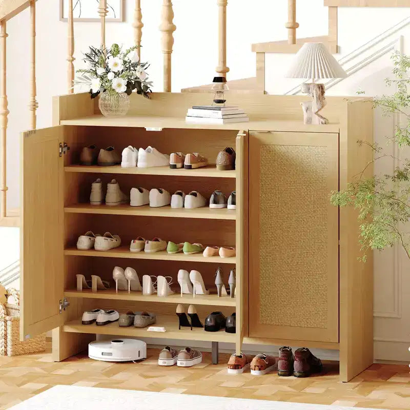 Rattan Shoe Storage Cabinet for Entryway  Ventilated Wood Grain Shoe Cabinet with Adjustable Shelves  Warm Rattan Door Storage for Hallway & Kitchen