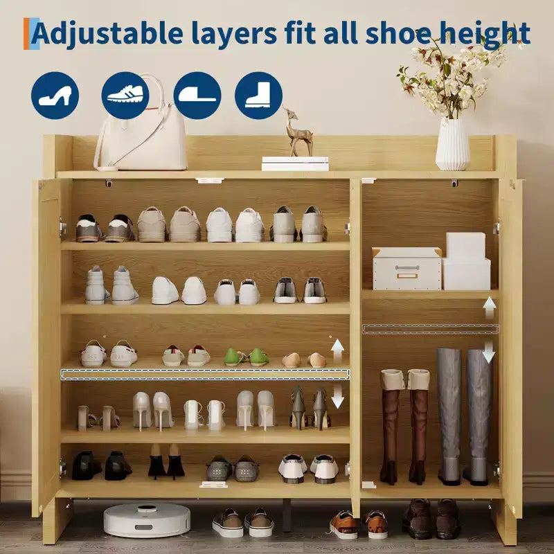 Rattan Shoe Storage Cabinet for Entryway  Ventilated Wood Grain Shoe Cabinet with Adjustable Shelves  Warm Rattan Door Storage for Hallway & Kitchen