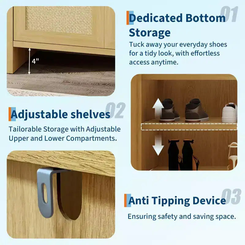 Rattan Shoe Storage Cabinet for Entryway  Ventilated Wood Grain Shoe Cabinet with Adjustable Shelves  Warm Rattan Door Storage for Hallway & Kitchen